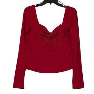 NWT Evolutionary Women Red Long Sleeve Sweetheart Neck Bow Detail Top Size L‎